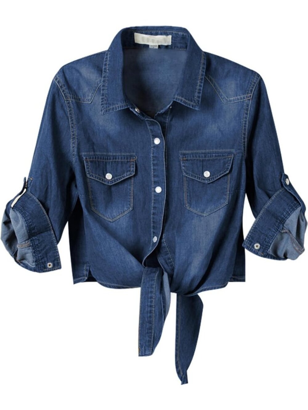 Chic Women's Crop Denim Top with Tie Knot Detail - Stylish Chambray Cardigan